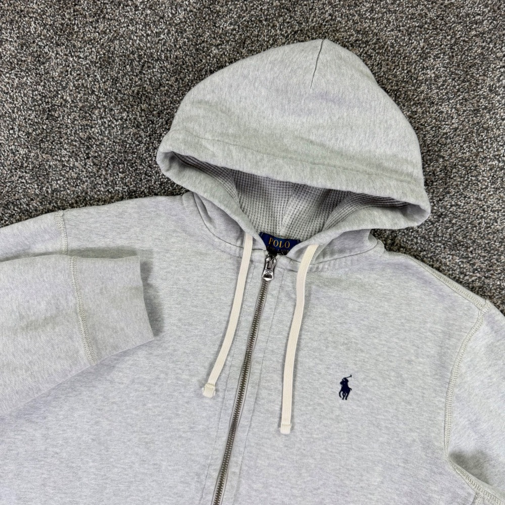 Polo Ralph Lauren Gray Full Zip Waffle Lined Fleece Hoodie Mens Large Sweatshirt